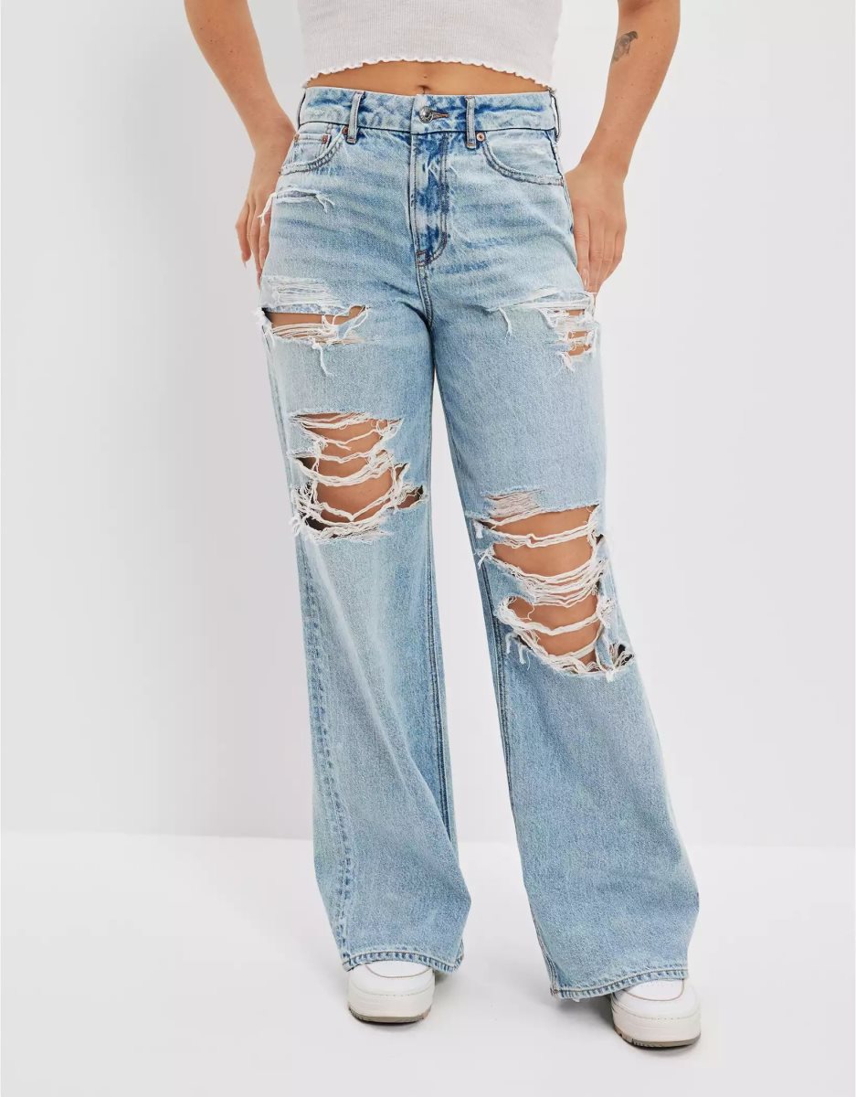 Jean American Eagle AE Strigid Ripped Curvy Super High-Waisted Baggy Larges-Leg Multicolore Femme | CYF-26002992